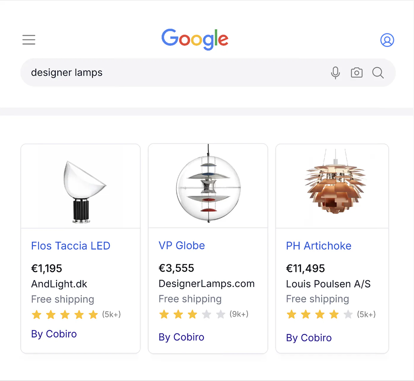 ผลการค้นหา Google Shopping ที่แสดงผ่าน CSS ของ Cobiro