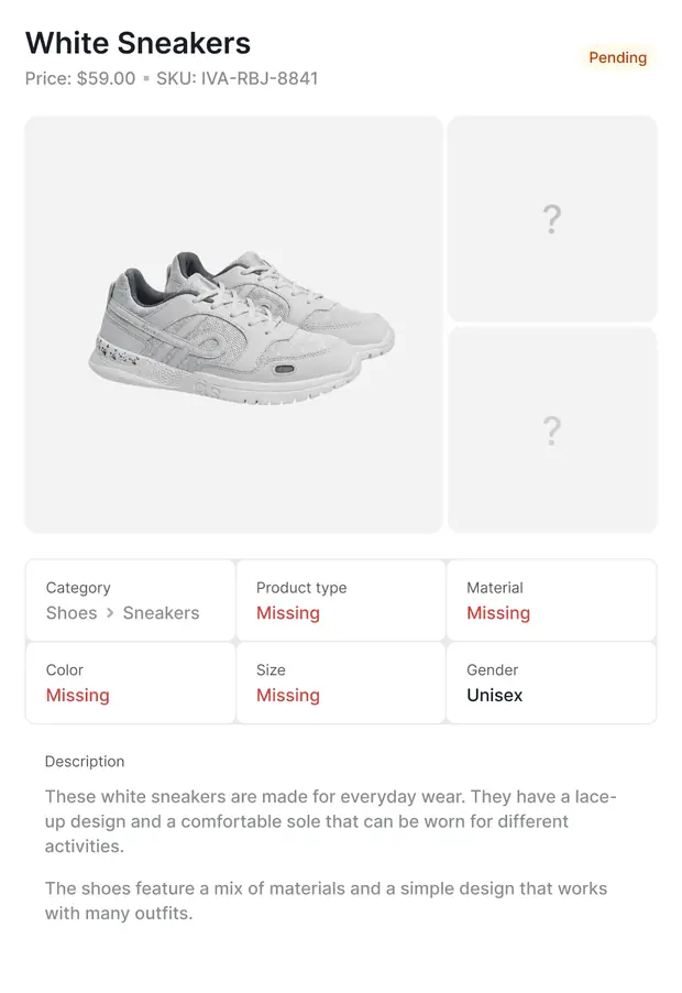 A product listing with one supplier photo and most of its attributes missing